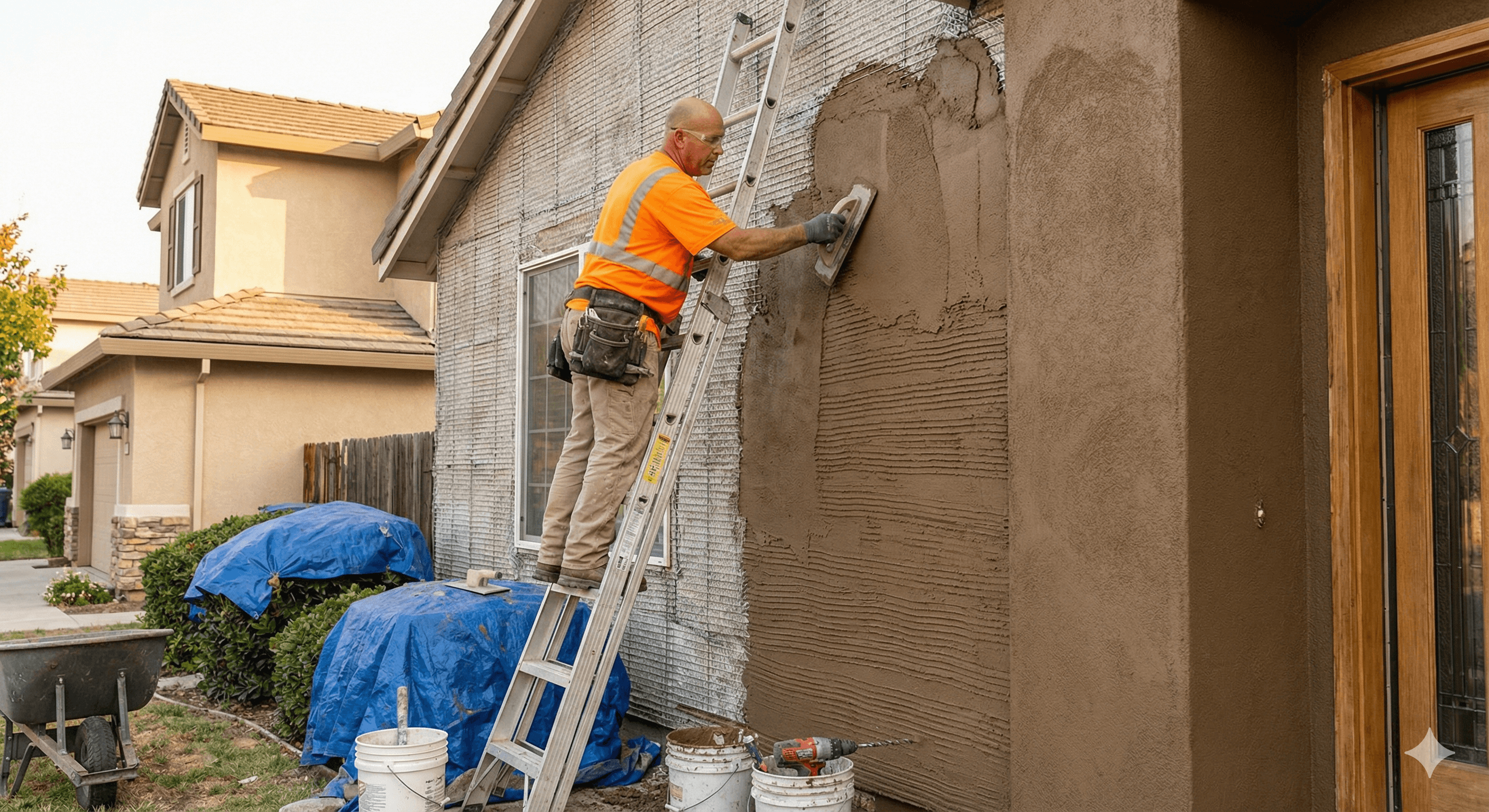 Contractor preparing tools for a plaster repair job